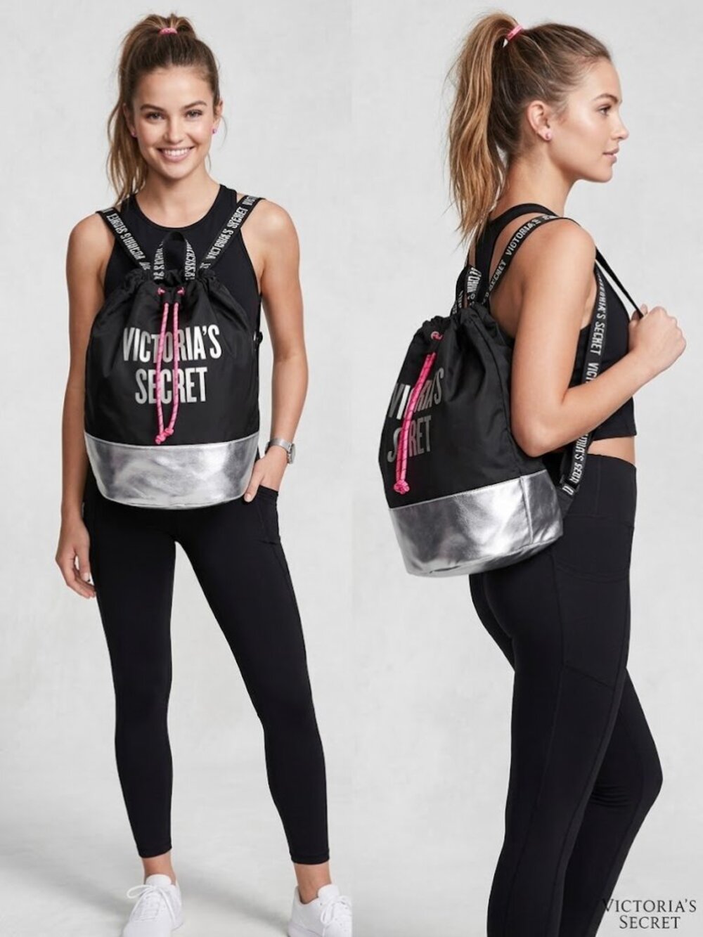 Victoria's Secret Black Nylon Pink Cord Backpack Silver Base Sz 15.5x15.5x10 NEW